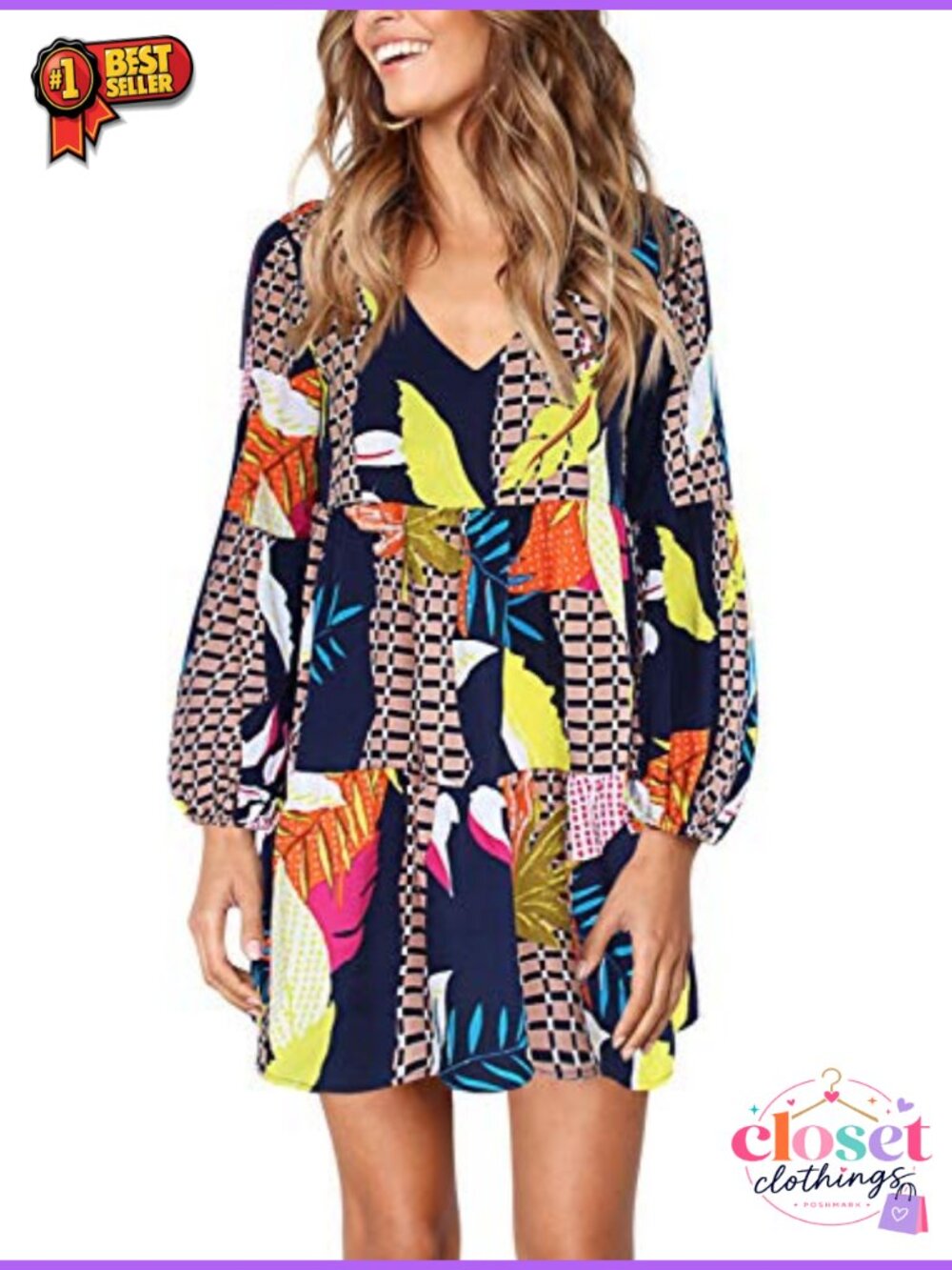 Women's Tunic Dress Long Sleeve V Neck Loose Swing Shift
